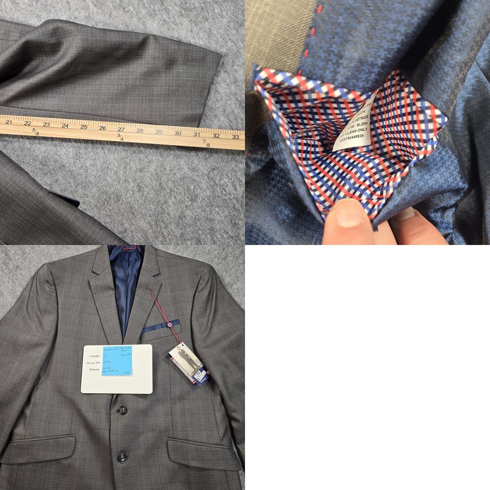 Billy London Rally London Suit Jacket Mens 42 Gray Check Polyester Rayon 2 Button Blazer Size 42R - 8 Thumbnail