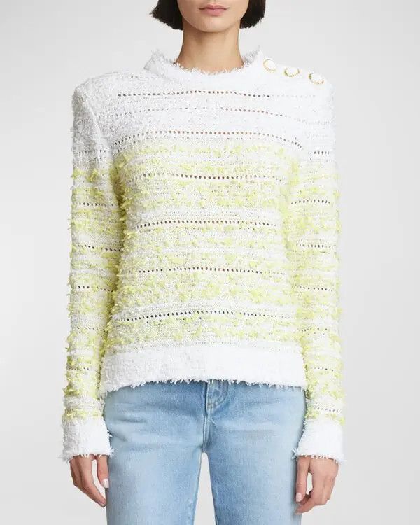 Balmain o1s1wg111025 Round-neck Tweed Pullover Top in White/Yellow Size S / US 4 / IT 40 - 2 Thumbnail