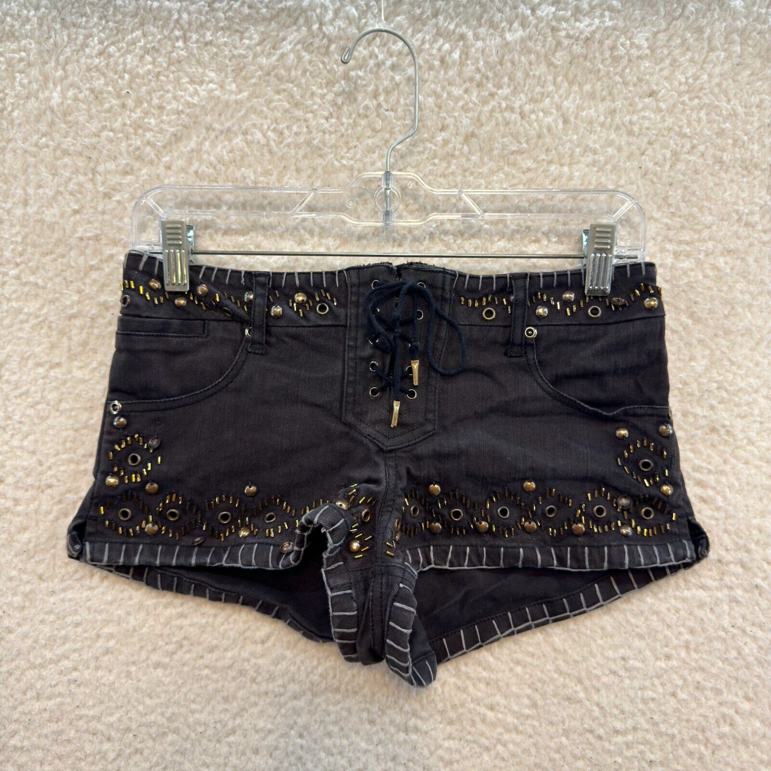 image of Kate Moss Topshop Shorts Uk 8 Us 4 Black Studded Sequin Lace-Up Boho Festival in White, Women's (Si