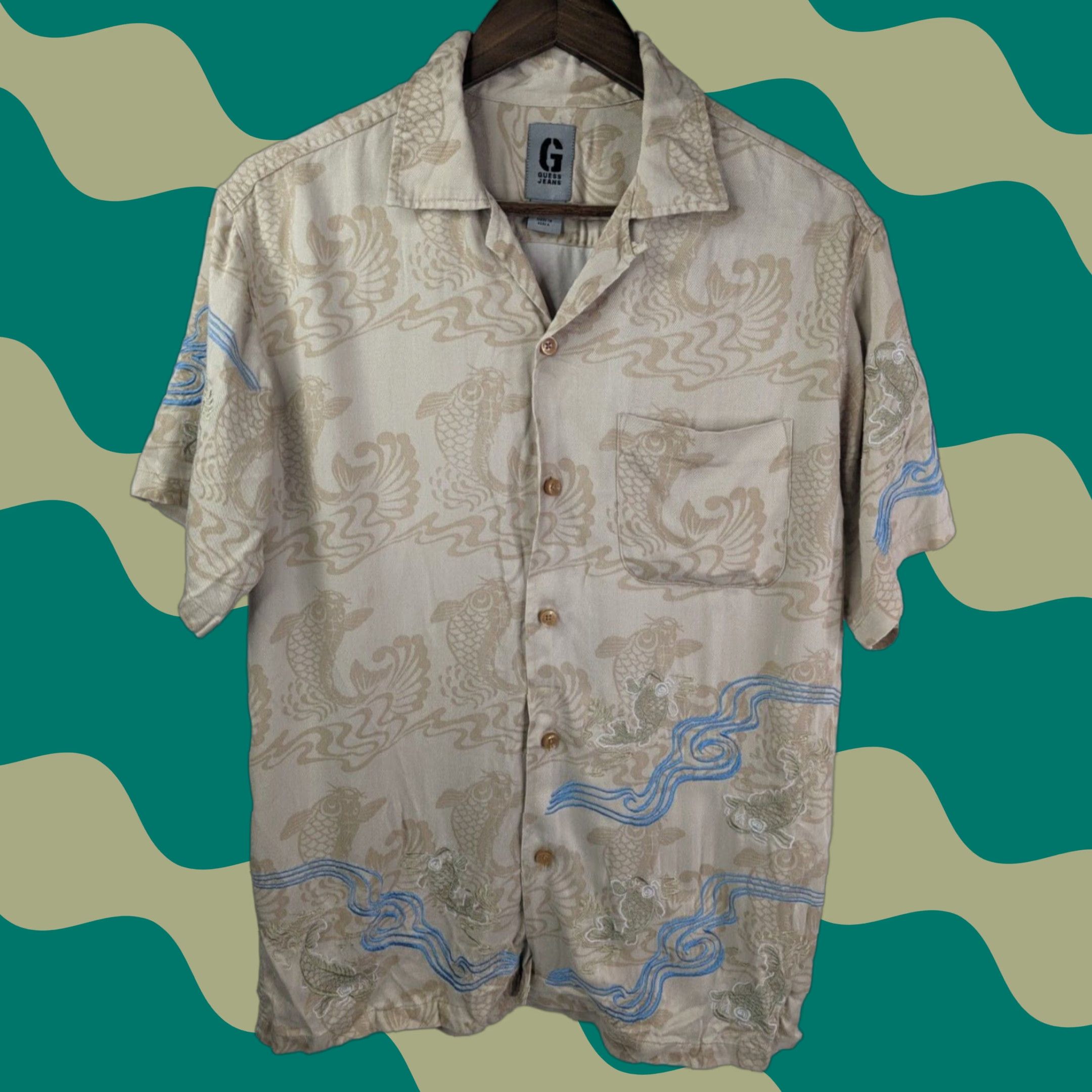 Guess GUESS Shirt Mens Small Beige Koi Embroidered Short Sleeve Button Up Camp Shirt Size US S / EU 44-46 / 1 - 1 Thumbnail