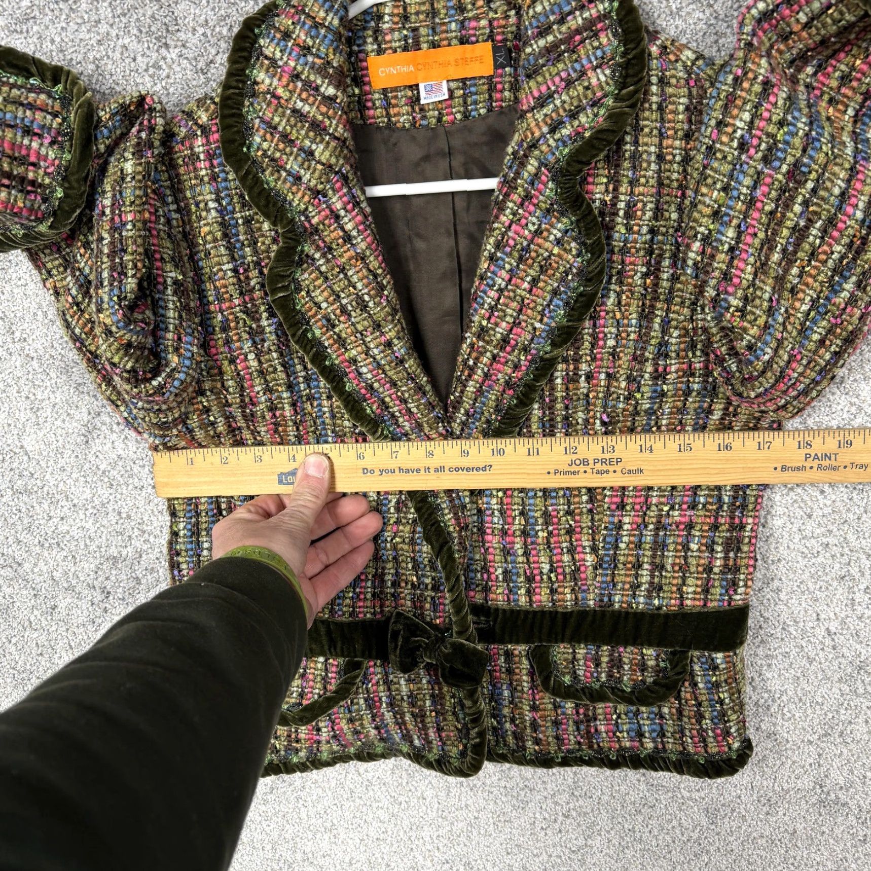 Velvet VTG 90s Cynthia Cynthia Steffe Blazer XL Multicolor Tweed Velvet Trim 3/4 Sleeve Notch Collar Pockets USA Womens Size XL / US 12-14 / IT 48-50 - 4 Thumbnail