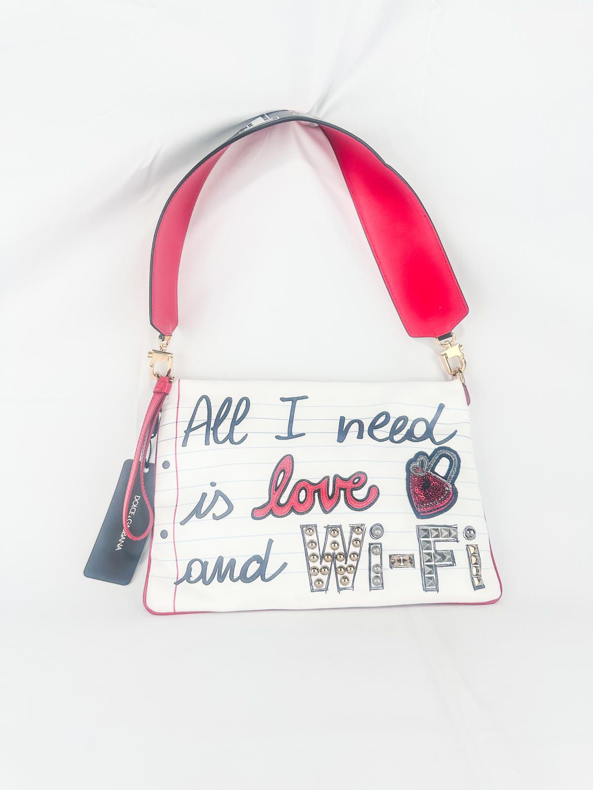 Dolce & Gabbana Calfskin All I Need is Love and Wifi Shoulder Bag White Size ONE SIZE - 1 Thumbnail