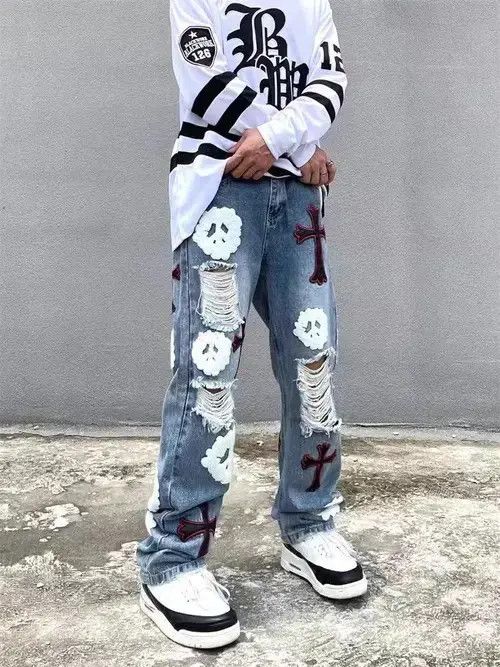 Japanese Brand High street heavy embroidered ripped straight jeans Size US 32 / EU 48 - 6 Thumbnail