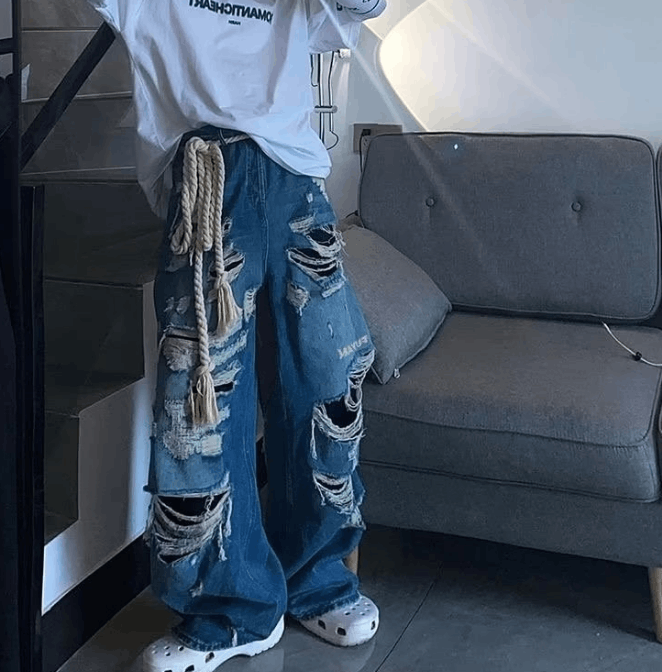 image of Distressed Denim Hyped Distressed Ripped Baggy Flared Denim in Blue, Men's (Size 32)