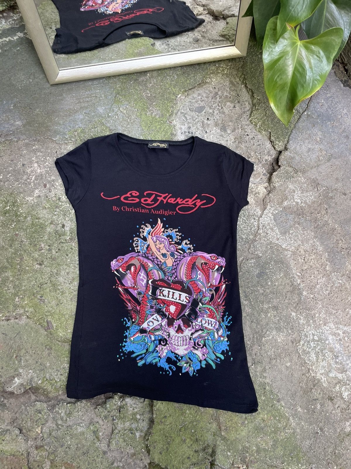 Ed Hardy Vintage Ed Hardy Mermaid Y2K Black T-Shirt Japan RARE