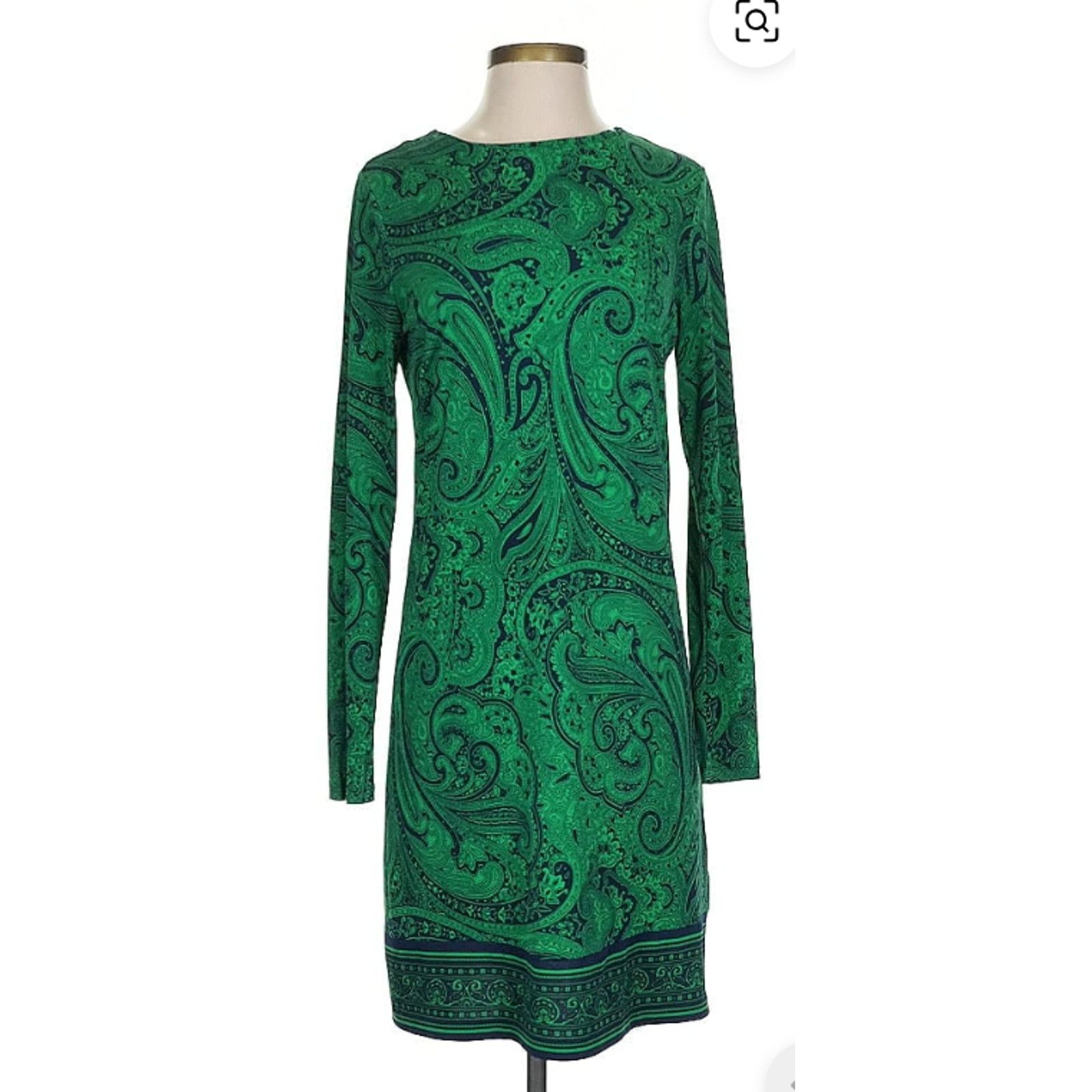 Michael Kors MICHAEL KORS GREEN NAVY PAISLEY LONG SLEEVE SLINKY DRESS S/M Size S / US 4 / IT 40 - 2 Thumbnail
