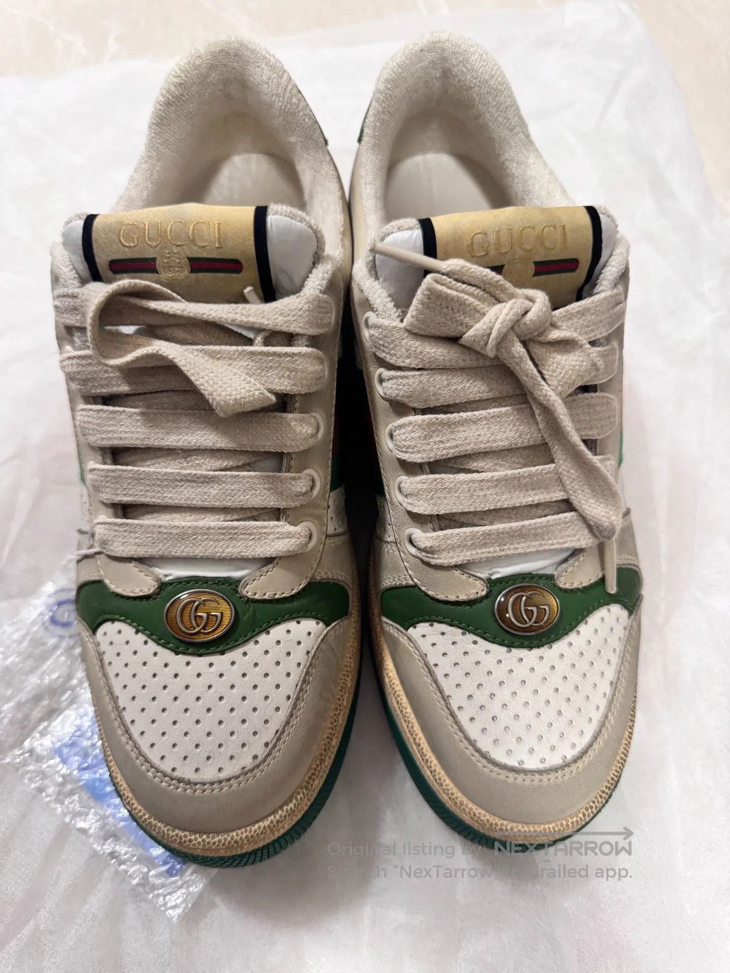 Gucci Gucci Cream Green Distressed Leather Sneakers. Size US 5.5 / IT 35.5 - 5 Thumbnail