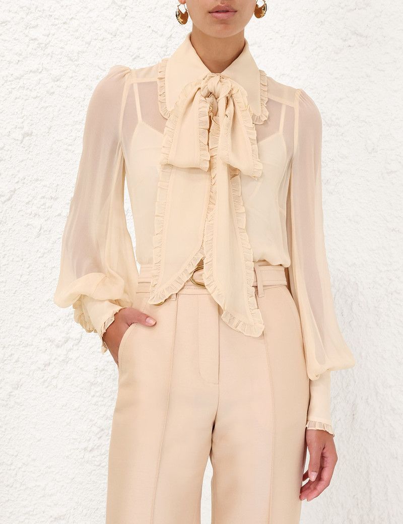 Zimmermann oc11z0226 Georgette Bow Shirt In Cream Size L / US 10 / IT 46 - 2 Thumbnail