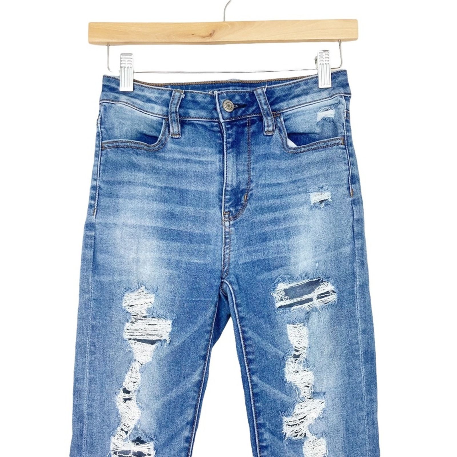 American Eagle Outfitters American Eagle Super High Rise Distressed Skinny Jeans Sz 0 Size 25" / US 0 / IT 36 - 2 Thumbnail