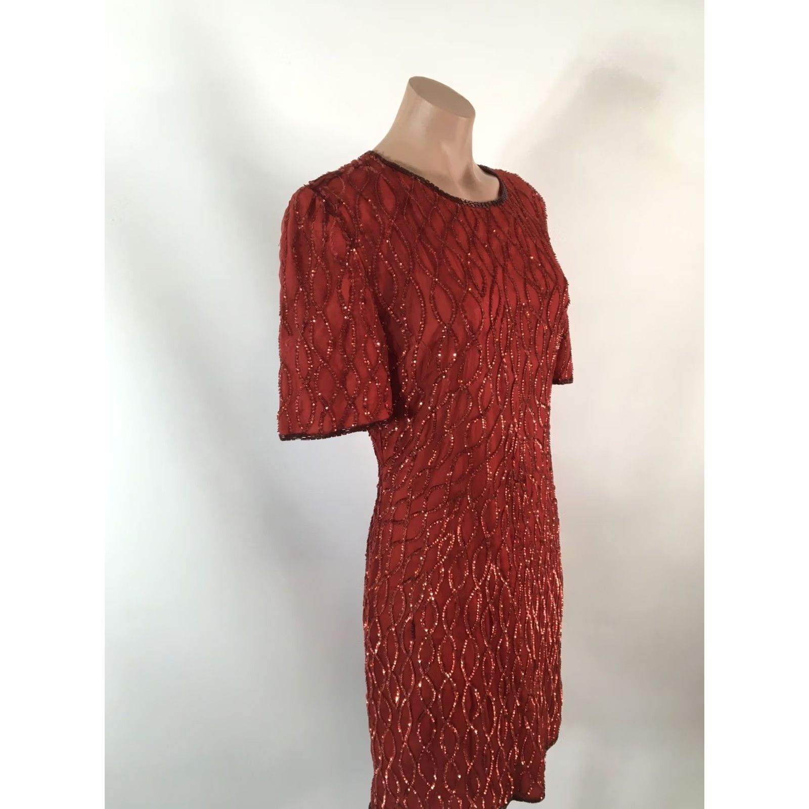 Vintage Laurence Kazar Red Sequined Silk Mini Petite Dress Beaded Trim Cocktail Party L Size L / US 10 / IT 46 - 7 Thumbnail