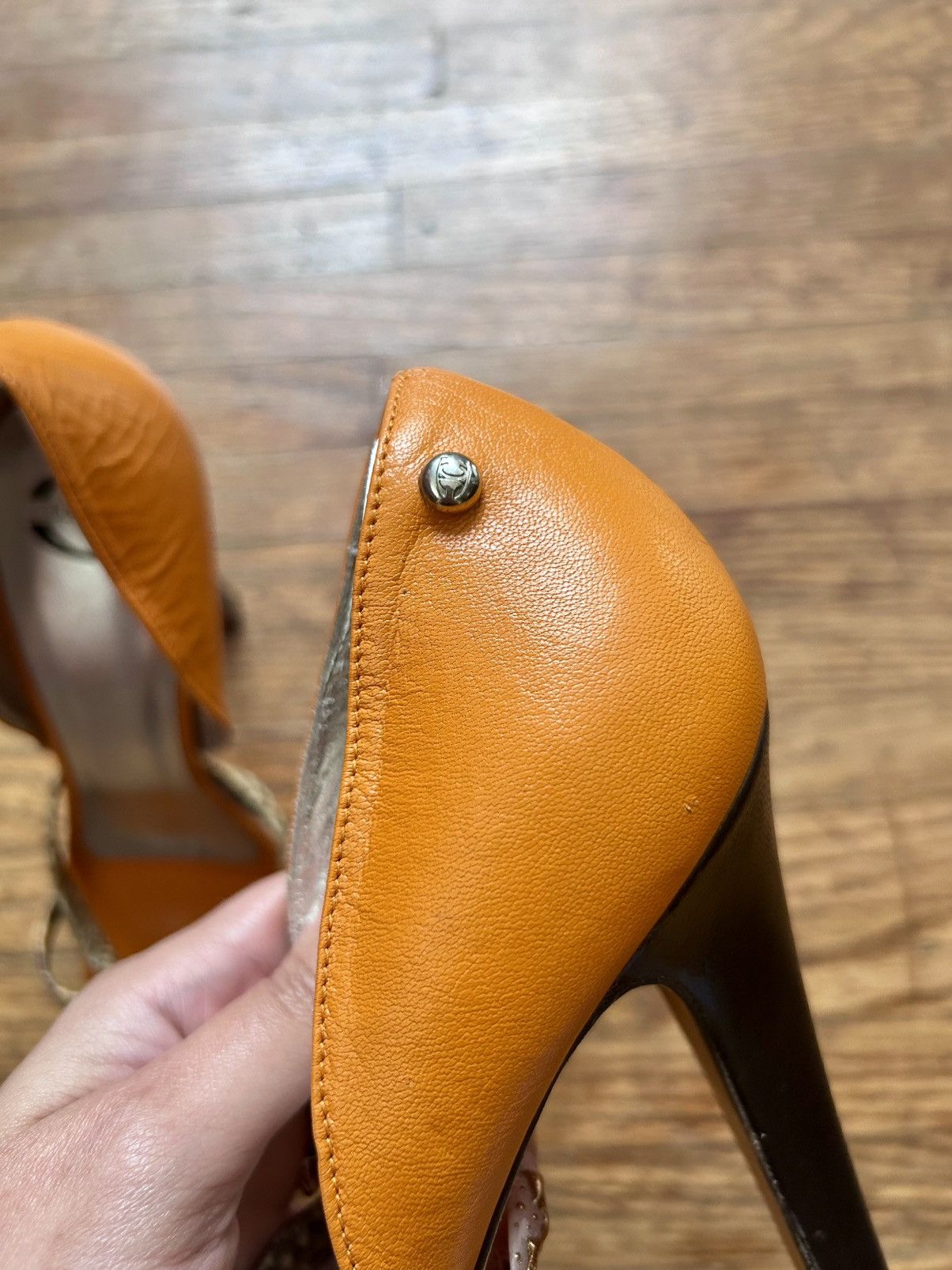 Roberto Cavalli Roberto Cavalli Orange & Black Heels with Snakeskin Straps Size US 7.5 / IT 37.5 - 9 Thumbnail