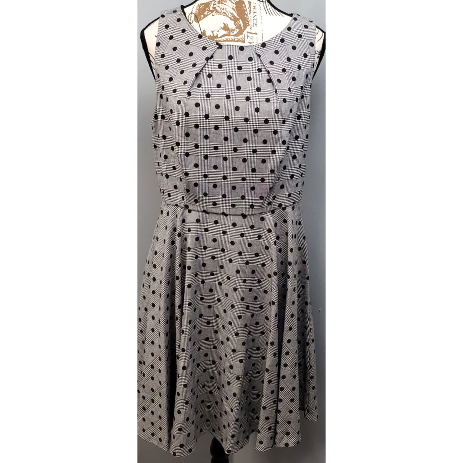 Vintage Elle Brand Fit & Flare Dress Womens Size 12 Black White Glen Plaid Polka Dot Back Zip Midi Sleeveless Spring Summer Casual Womens Size XL / US 12-14 / IT 48-50 - 2 Thumbnail