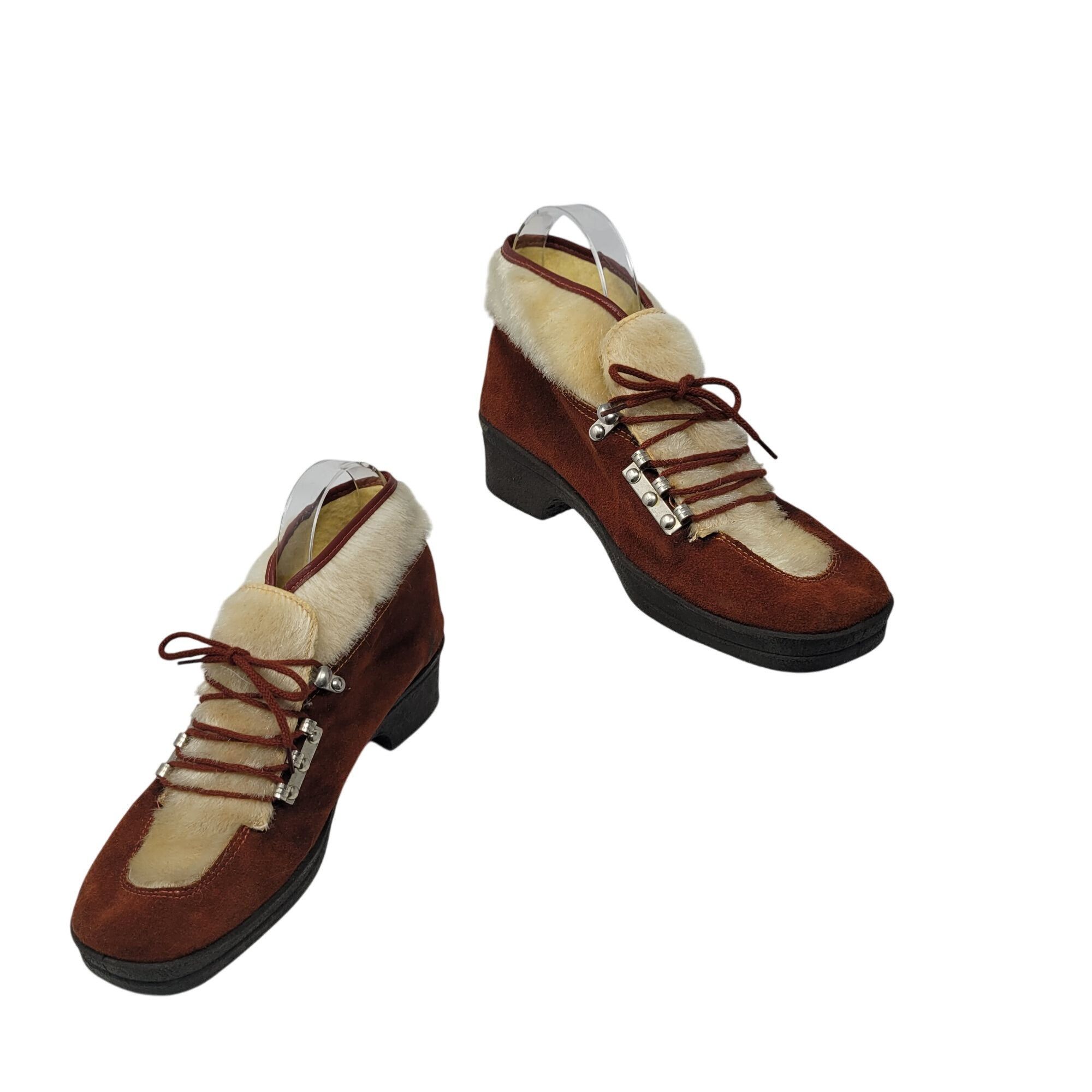 Vintage Vtg Italian Snow Boots Rust Suede Cream Faux Fur Lace-Up Ank Size US 6 / IT 36 - 13 Thumbnail