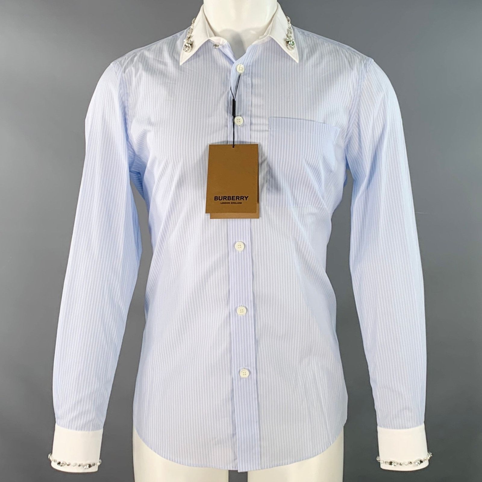 Burberry Blue White Stripe Cotton Crystal Embellishment Shirt Size US S / EU 44-46 / 1 - 1 Thumbnail