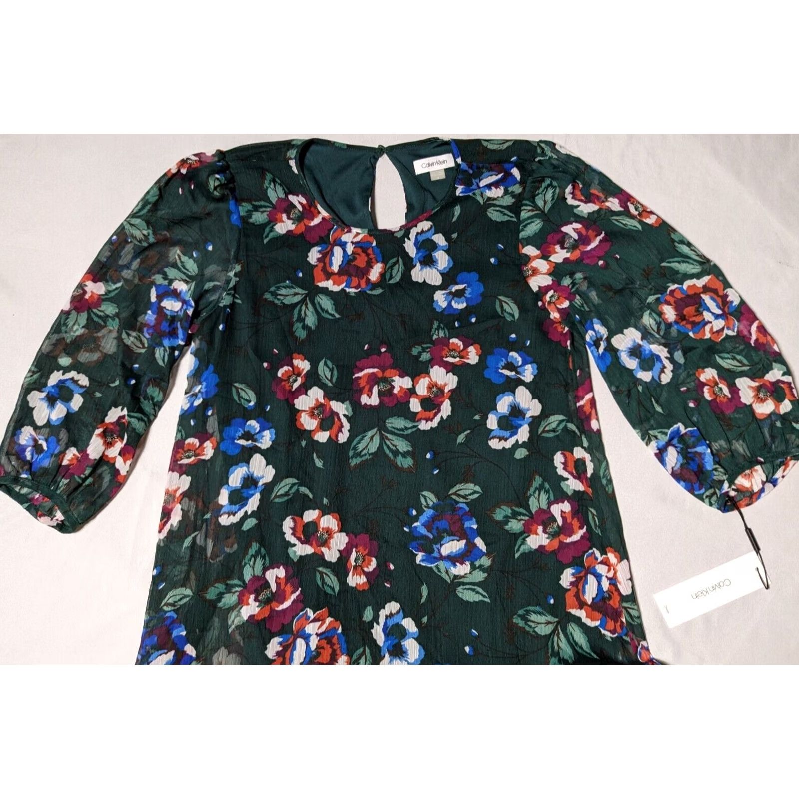 Calvin Klein VINTAGE CALVIN KLEIN Green Floral Balloon 3/4 Sleeve Chiffon Shift Dress Women 8 NEW Size M / US 6-8 / IT 42-44 - 4 Thumbnail