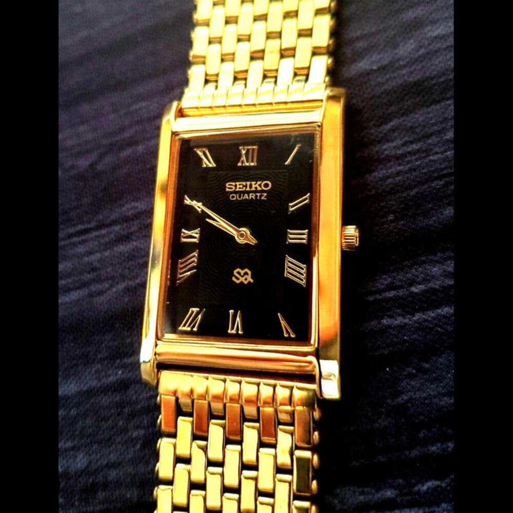 image of Seiko Milanese Band Mens Blk Gld Tank Watch New Mvt & Batt in Gold