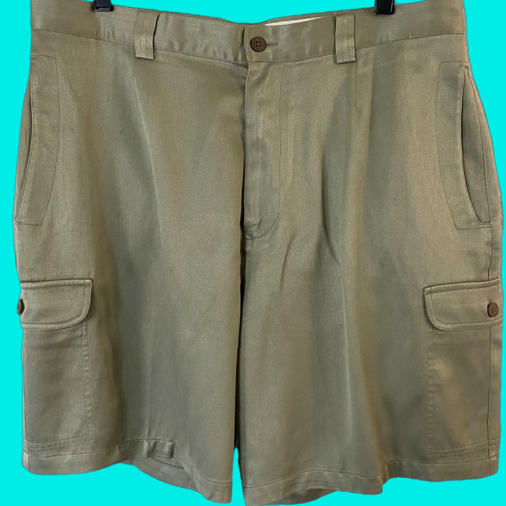 Tommy Bahama VINTAGE Tommy Bahama Cargo Shorts Green Mens Size W35 Silk Blend Herringbone Twill Cargo Pocket Casual Beach Nature Outdoor 70% Silk 30% Cotton Size US 35 - 1 Thumbnail