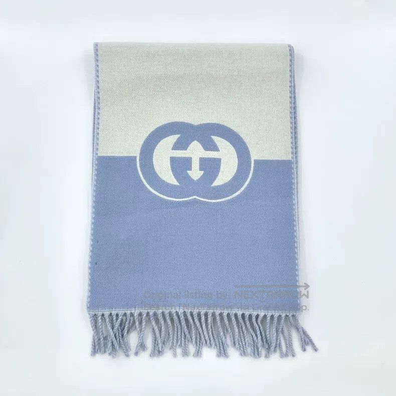 Gucci Gucci Blue interlocking double G printed wool tassel scarf Size ONE SIZE - 1 Thumbnail