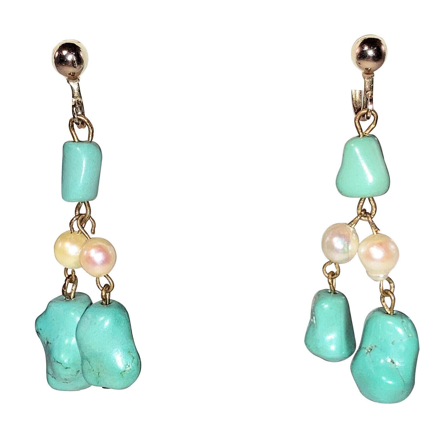 Designer Gold Chinese Turquoise & Natural Pearl Bead Dangle Earrings Size ONE SIZE - 1 Thumbnail