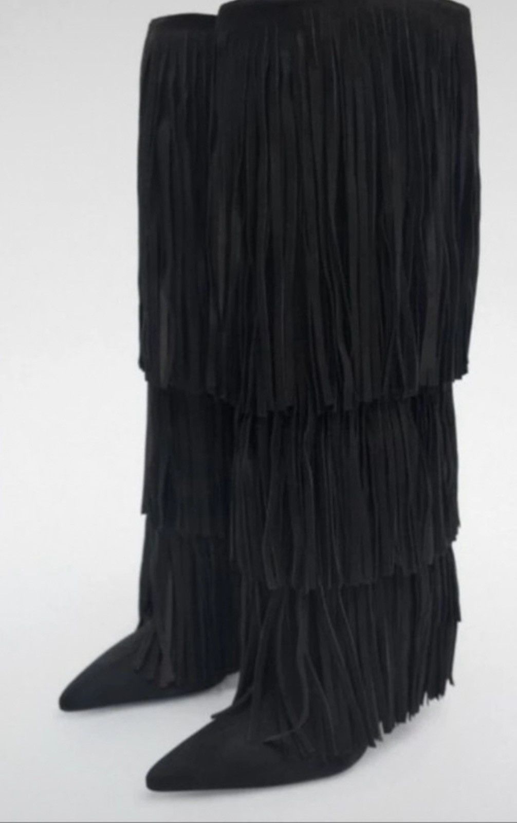 Zara Zara Black Suede Fringe Knee High Boots Size US 5 / IT 35 - 3 Thumbnail
