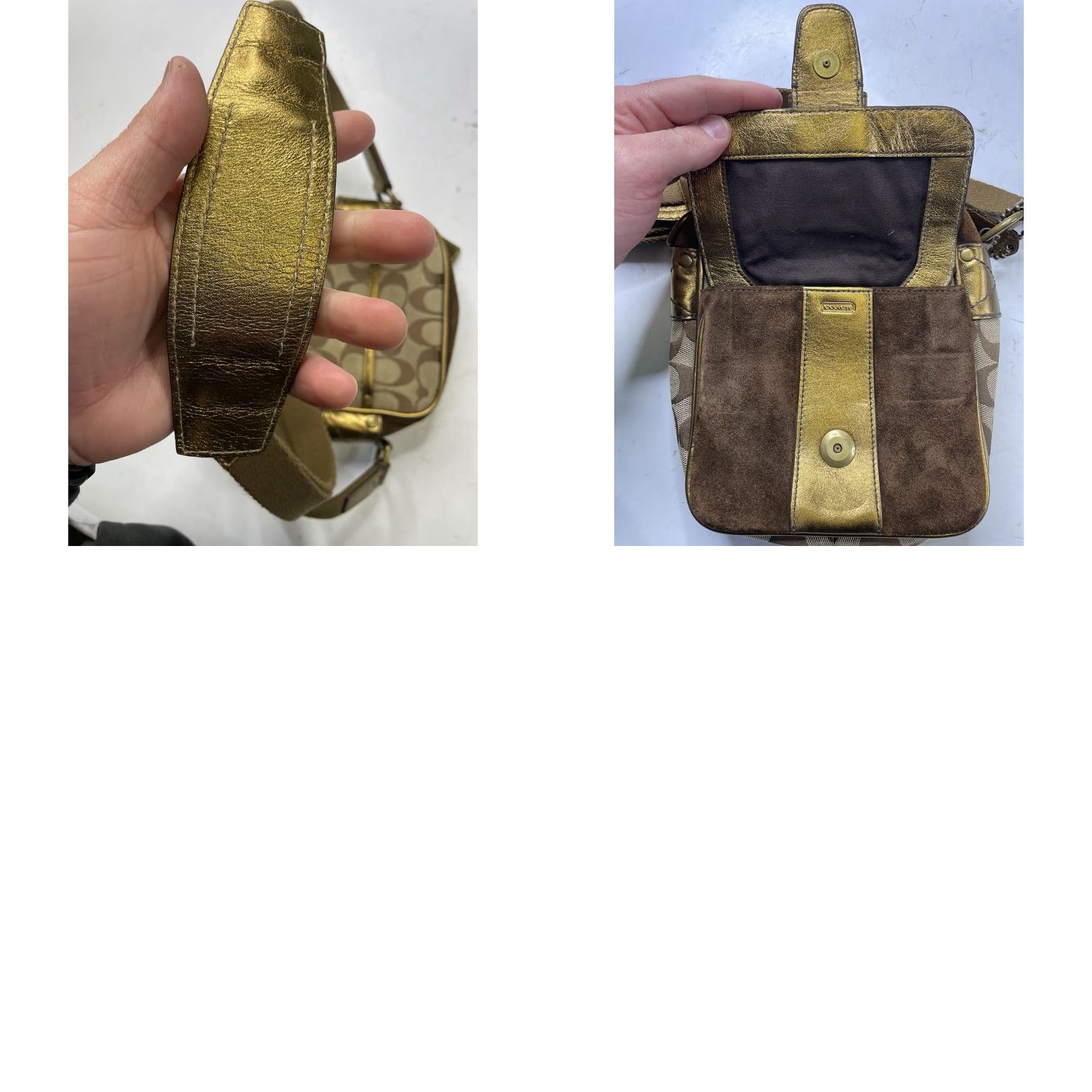 Coach VINTAGE Coach Signature Canvas & Brown Suede Gold Crossbody Bag Small Women's Tan Brown Gold Canvas Leather, Cross-Body Strap, Zip Closure, 1497 Size ONE SIZE - 9 Thumbnail