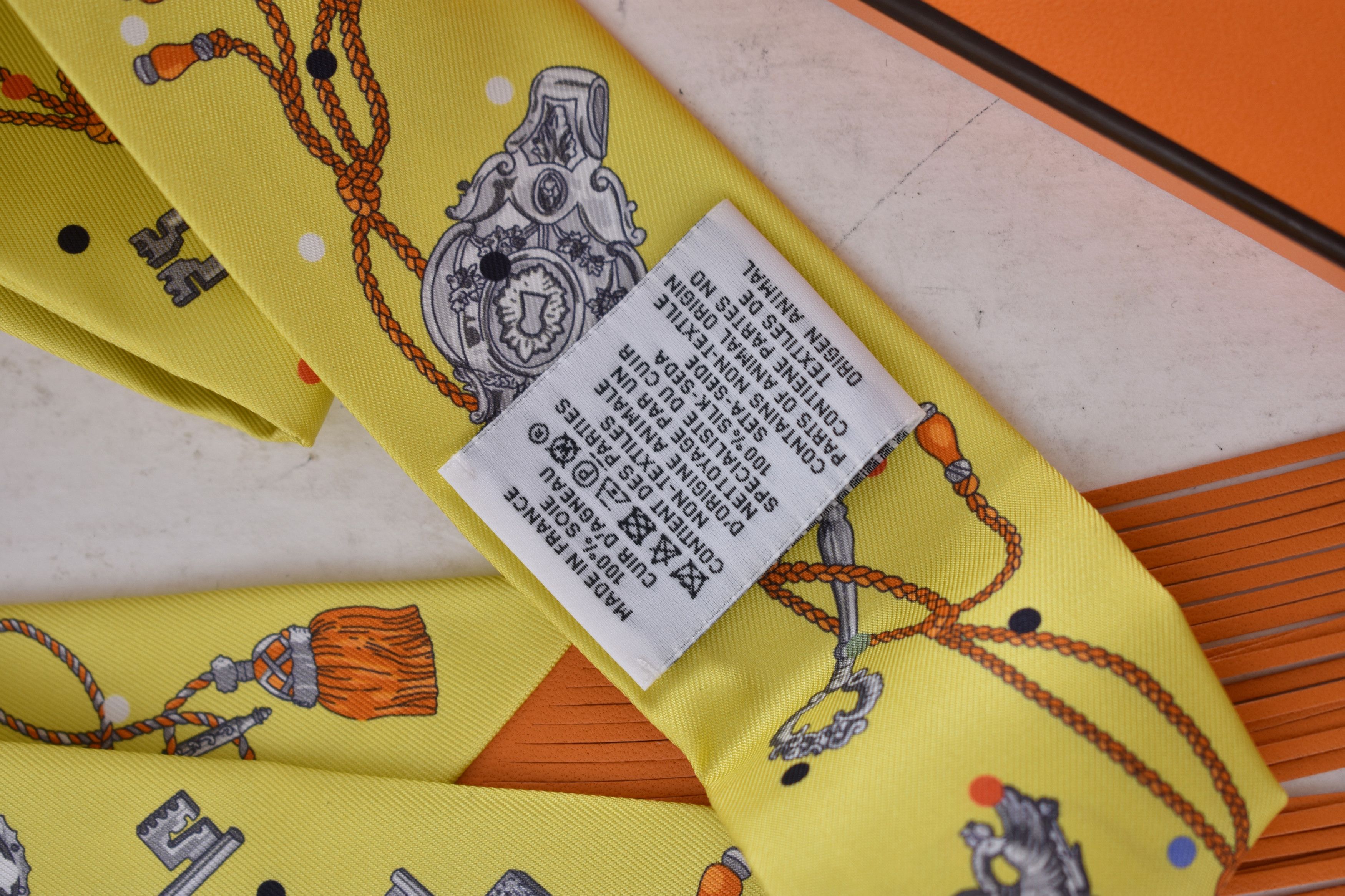 Hermes Scarf Twilly Fringe Leather Les Cles A Pois Jaune Argent Vif Size ONE SIZE - 15 Thumbnail