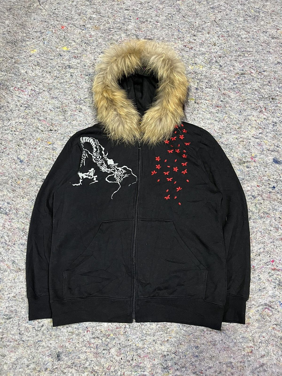 image of Sukajan Souvenir Jacket Japanese Dragon Fur Hoodie in Black, Men's (Size Medium)