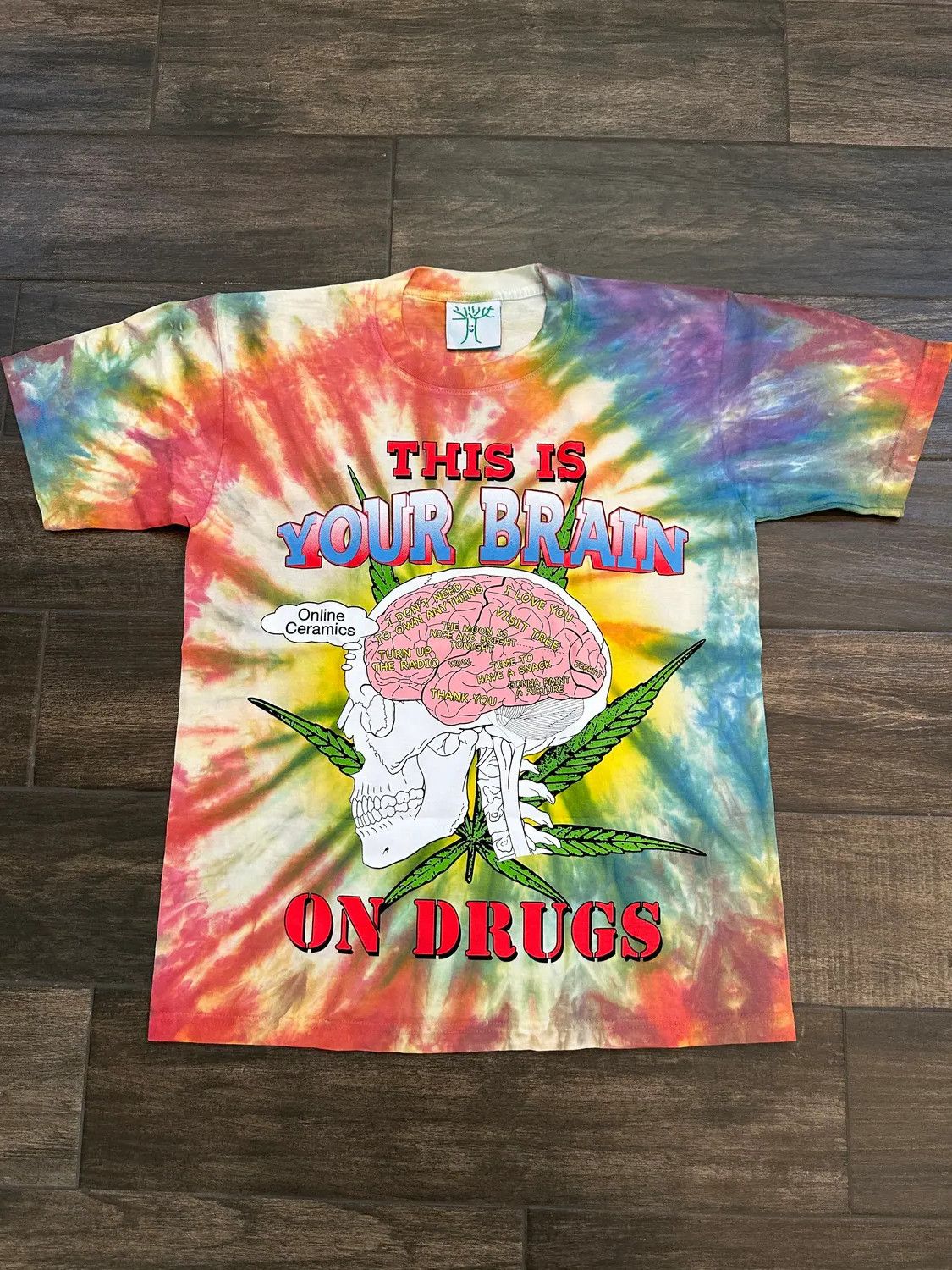 image of Online Ceramics Your Brain On Drugs / Higher Than Heaven Tee Tie Dye Rainbow, Men's (Size Small)