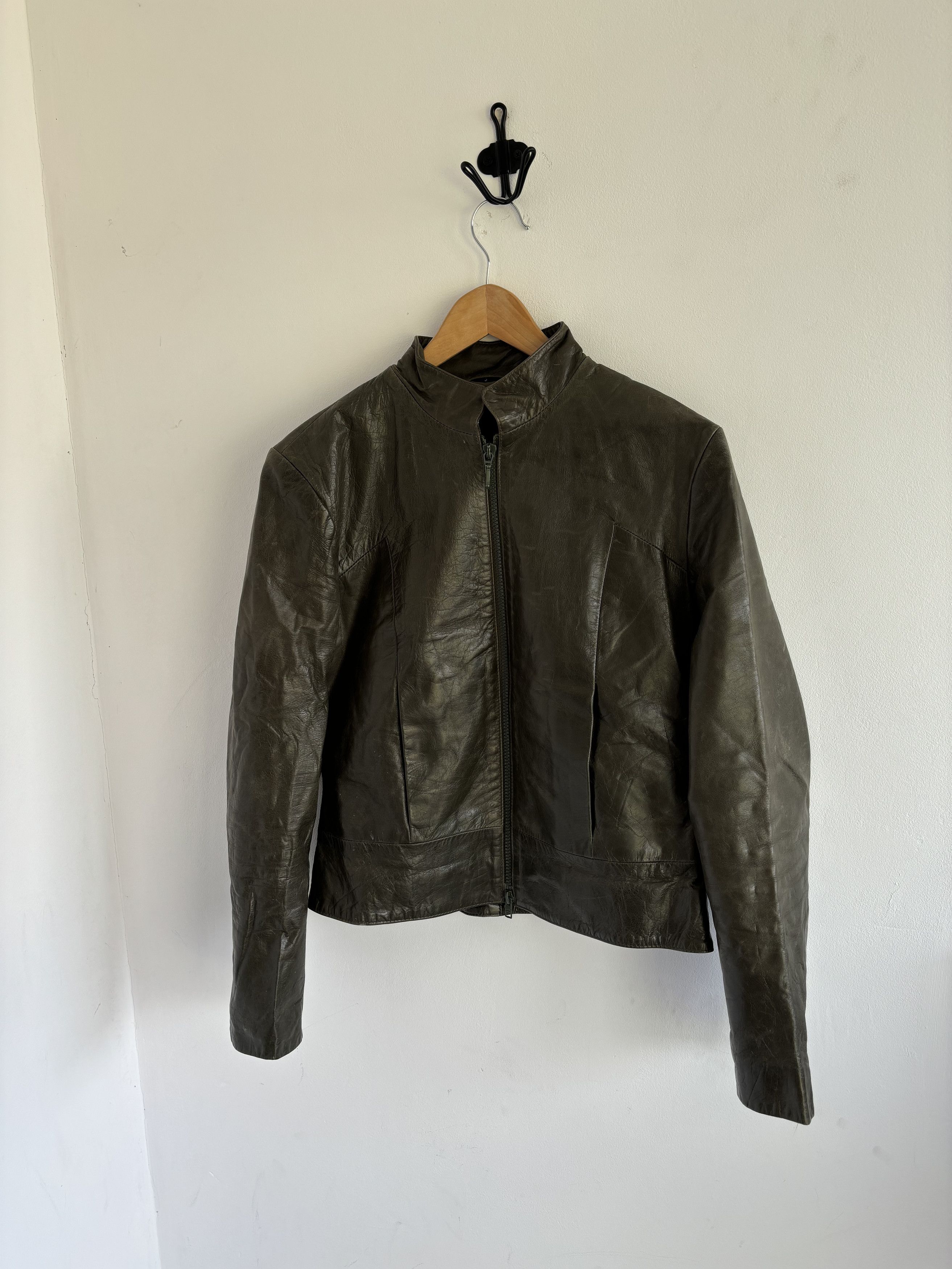 Genuine Leather Womens Olive Cow Nappa Leather Biker Style Rick Owens Jacket Size S / US 4 / IT 40 - 1 Thumbnail