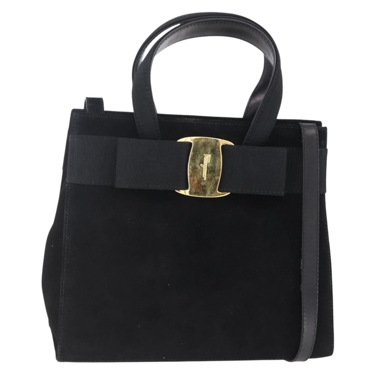 Salvatore Ferragamo Vala Hand Bag Suede 2way Black Gold Auth, Women's
