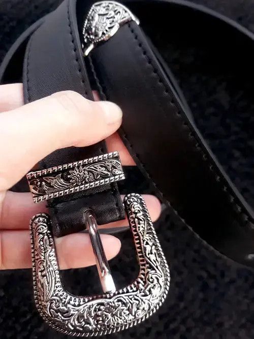 Genuine Leather Belts Women Black Retro Pin Buckle Belt Vintage Carved Belt Size ONE SIZE - 4 Thumbnail