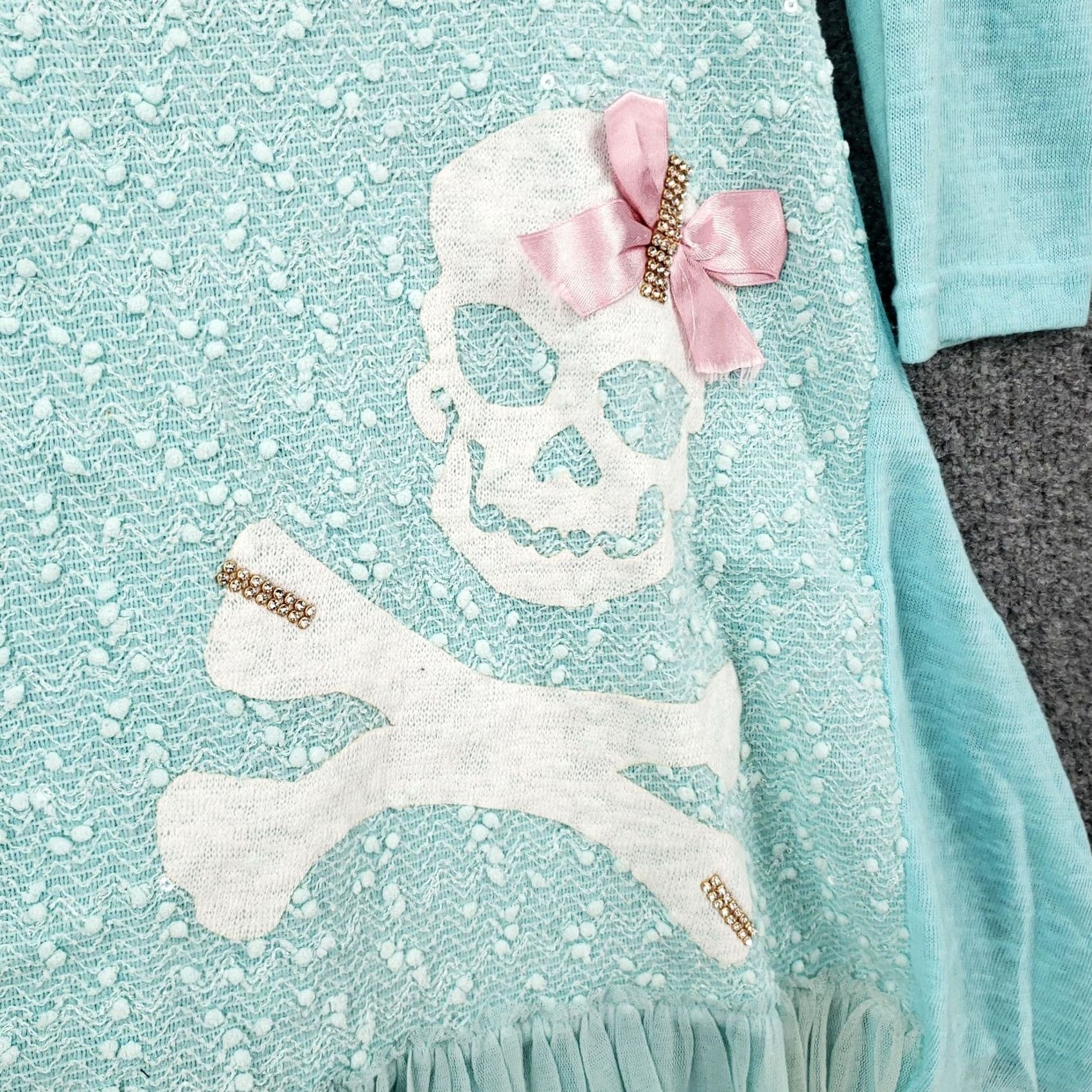Vintage New Line Blouse Shirt Womens M Blue 3/4 Sleeve Skull Lagenlook Rhinestone Sequin Casual Tie-Front Size M / US 6-8 / IT 42-44 - 3 Thumbnail