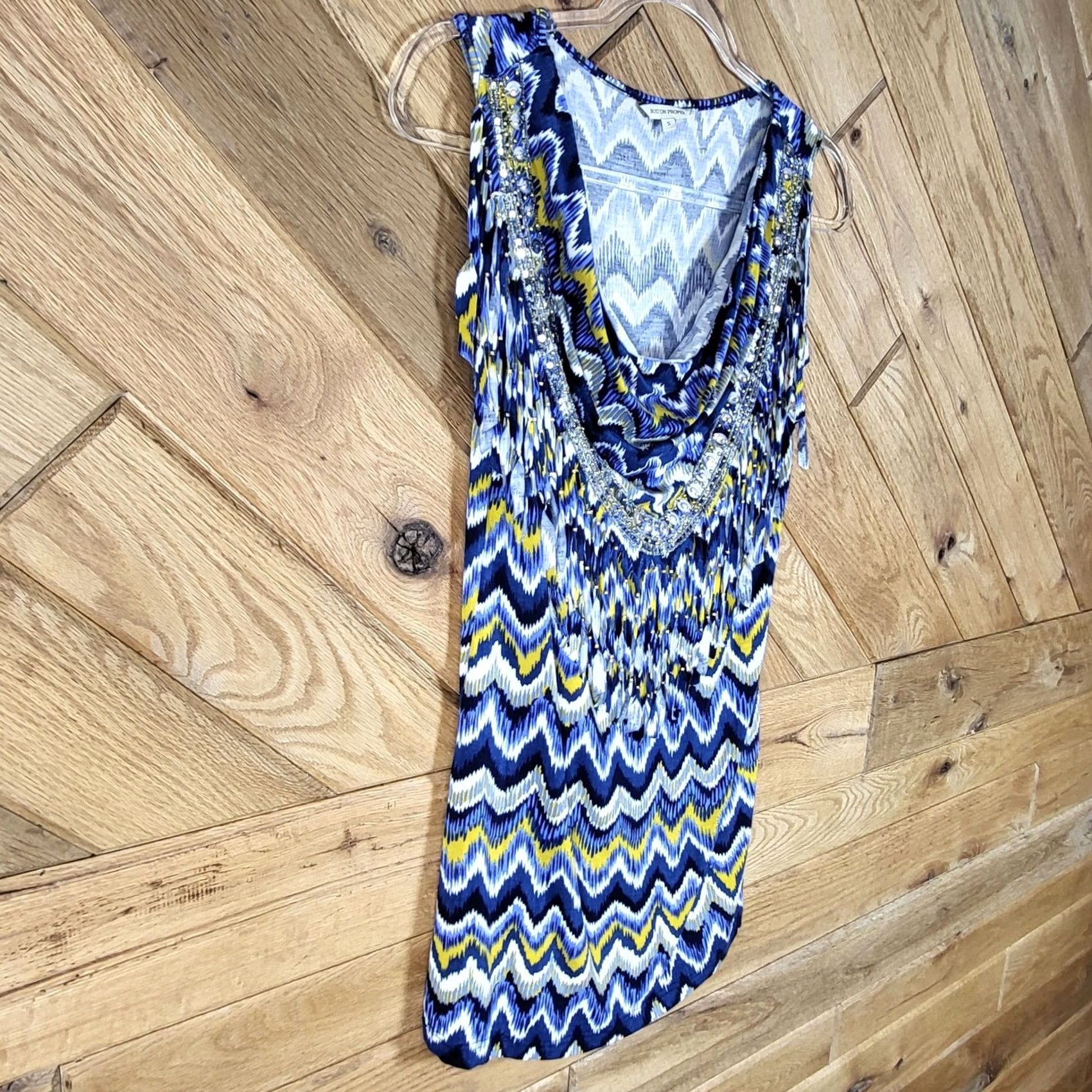 Boston Proper Boston Proper Tank Top Womens Small Embellished Fringe Chevron Blue Yellow Size S / US 4 / IT 40 - 7 Thumbnail