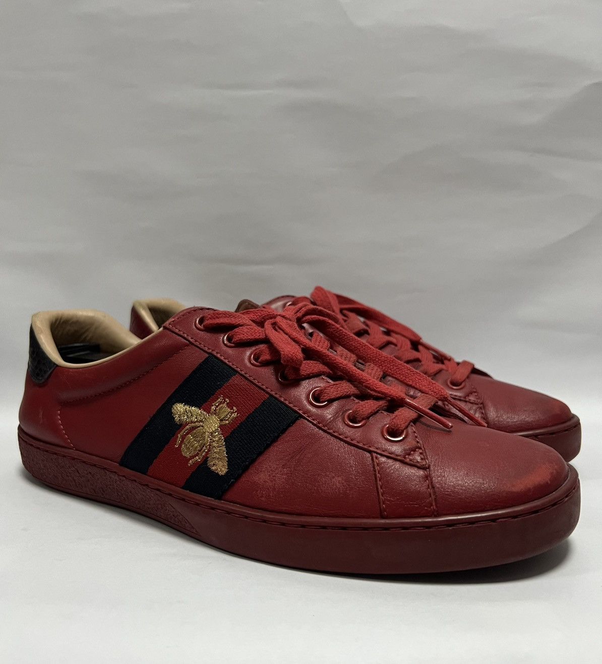 Gucci Gucci - Red Leather Web Ace Low Top Sneakers Size US 6.5 / EU 39-40 - 1 Thumbnail