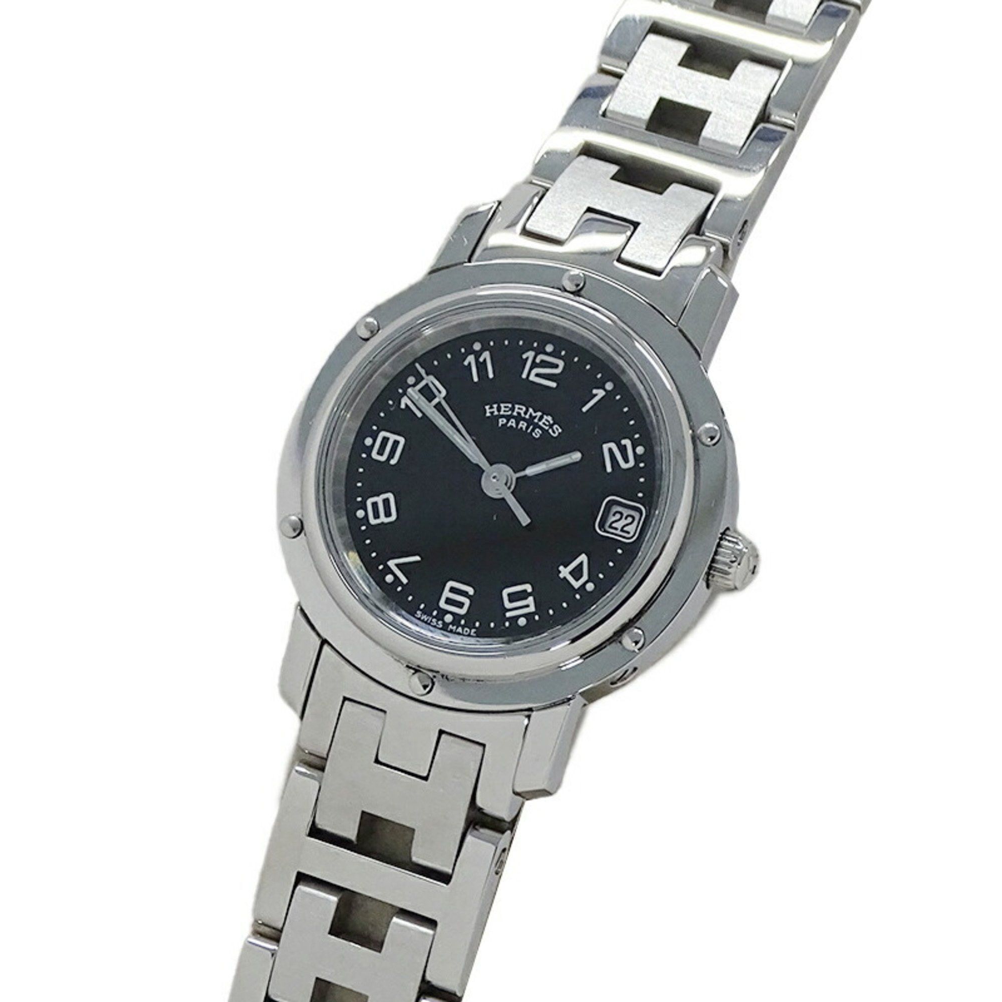 Hermes Watch Ladies Clipper Date Quartz Stainless Steel Ss Cl4.210 Silver Black Polished, Women's