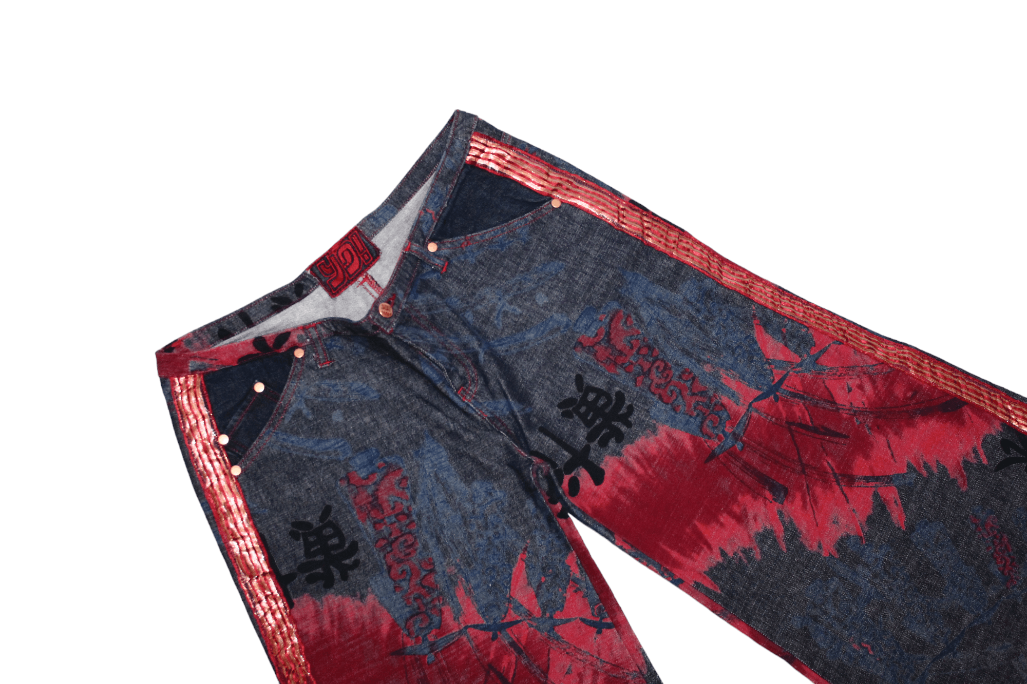 If Six Was Nine 💥YO! Japan Artwork Gold Taped Trim Crazy Flared Rap Jeans Size US 32 / EU 48 - 10 Thumbnail