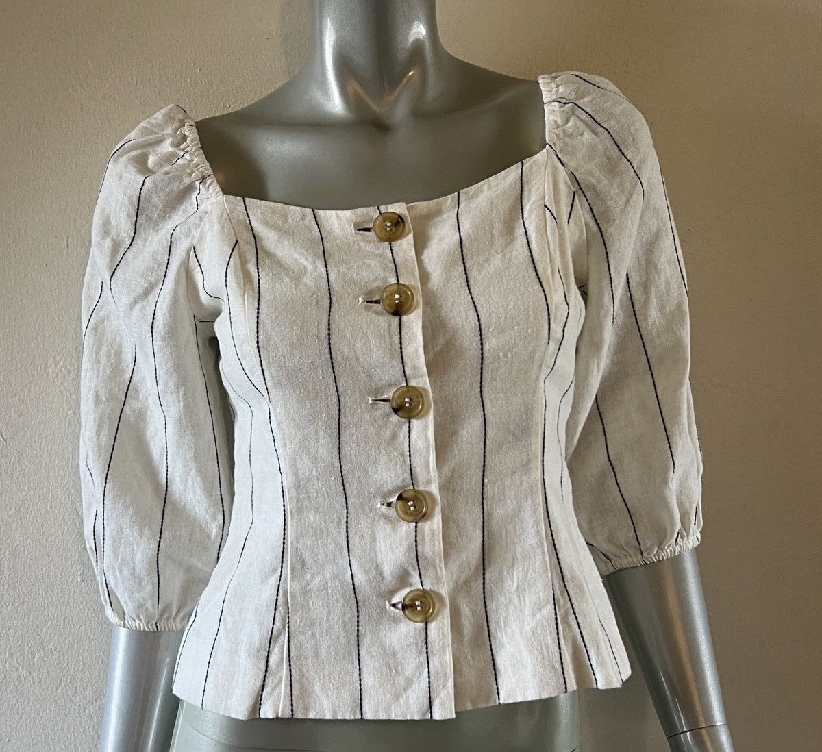 Forever 21 Striped Linen Puff Sleeve Crop top Size M / US 6-8 / IT 42-44 - 2 Thumbnail