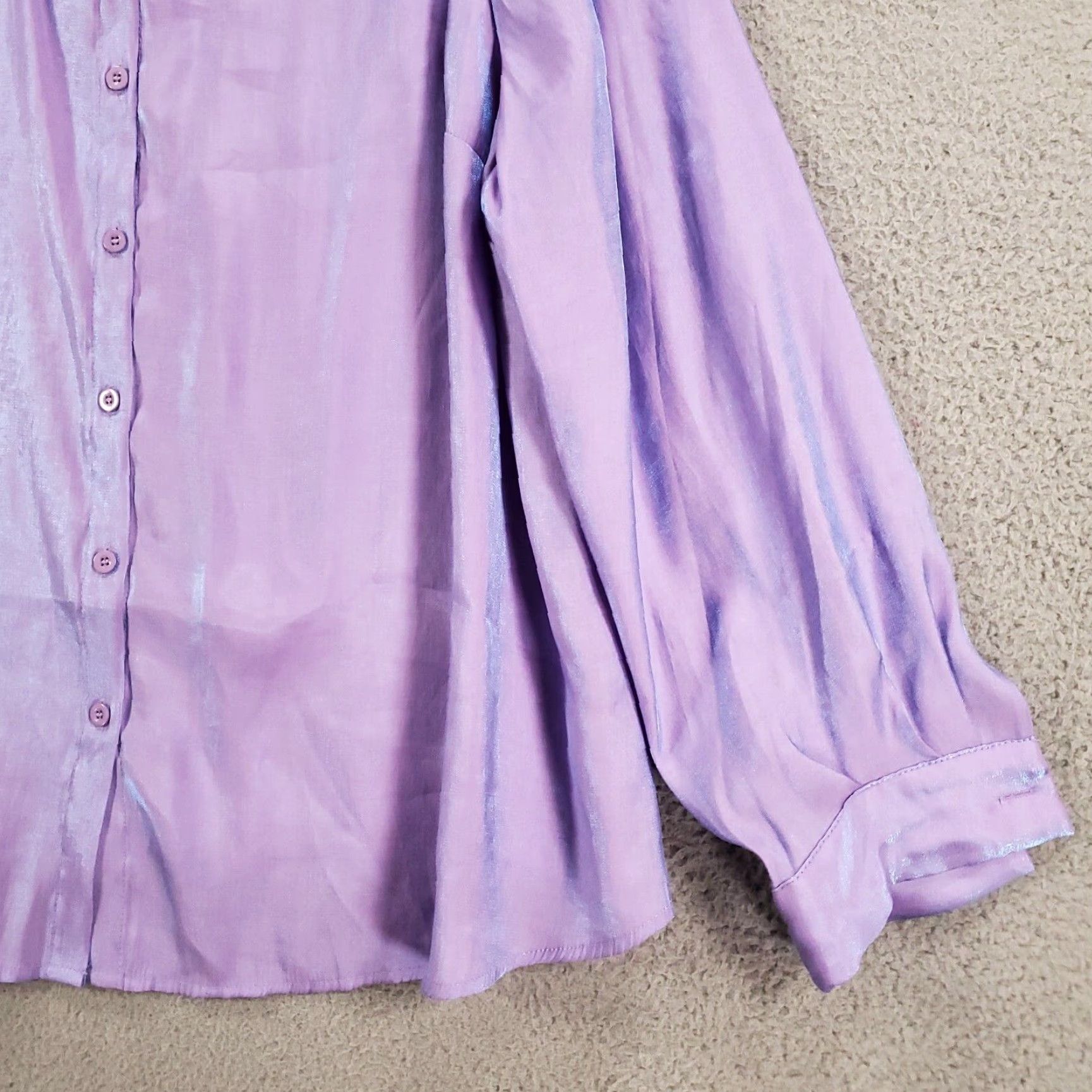 Shein SheIn Curve Blouse 4XL Womens Tunic Lavender Iridescent Button Up Collared Long Sleeve Classic/Fitted Sleeve Polyester, Viscose Purple 4XL Plus Size Size XXL / US 16-18 / IT 52-54 - 2 Thumbnail