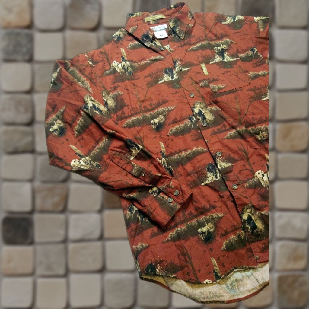 Vintage Columbia River Lodge Shirt Mens M Rust Red Corduroy Button-Down Dog Hunting Animal Print Size US M / EU 48-50 / 2 - 1 Thumbnail