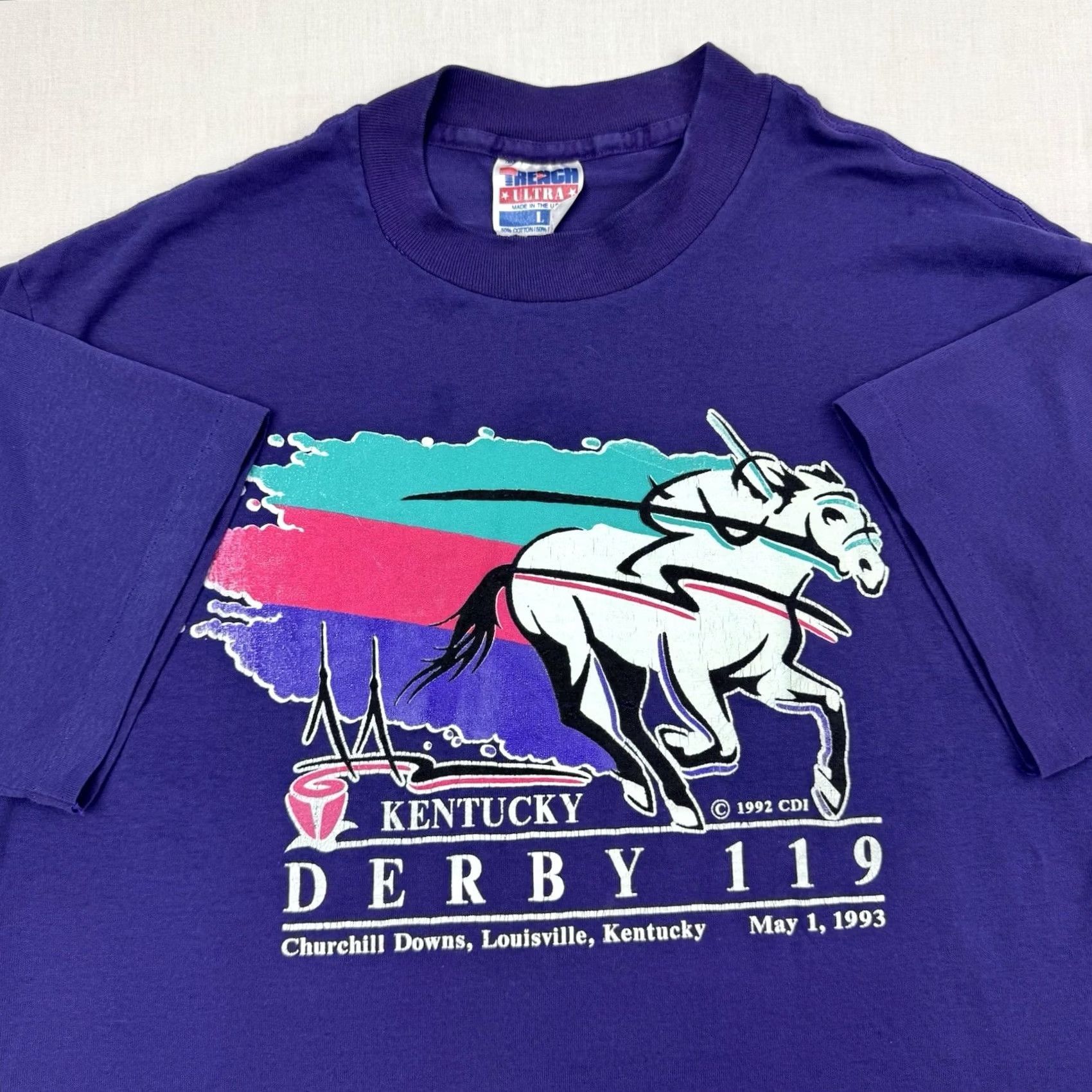 Vintage VINTAGE Kentucky Derby T Shirt Derby 119 Horse Racing 1993 USA 90s Mens L Purple Cotton Polyester Crew Neck Short Sleeve Trench USA Horse 90s Size US L / EU 52-54 / 3 - 2 Thumbnail