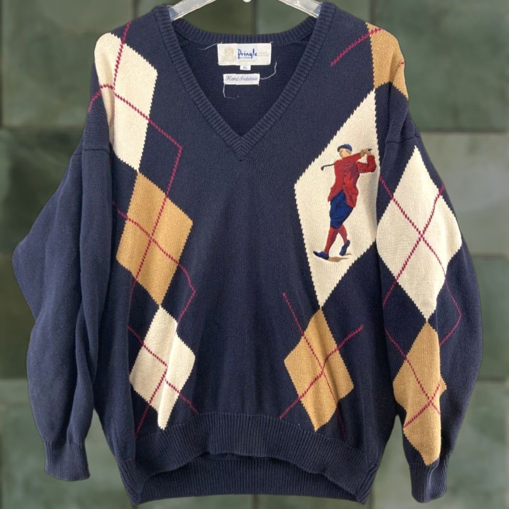 Pringle Of Scotland VINTAGE Pringle of Scotland Argyle Sweater XL Blue Classic V-Neck Long Sleeve 80s 90s Mens Size US XL / EU 56 / 4 - 1 Thumbnail
