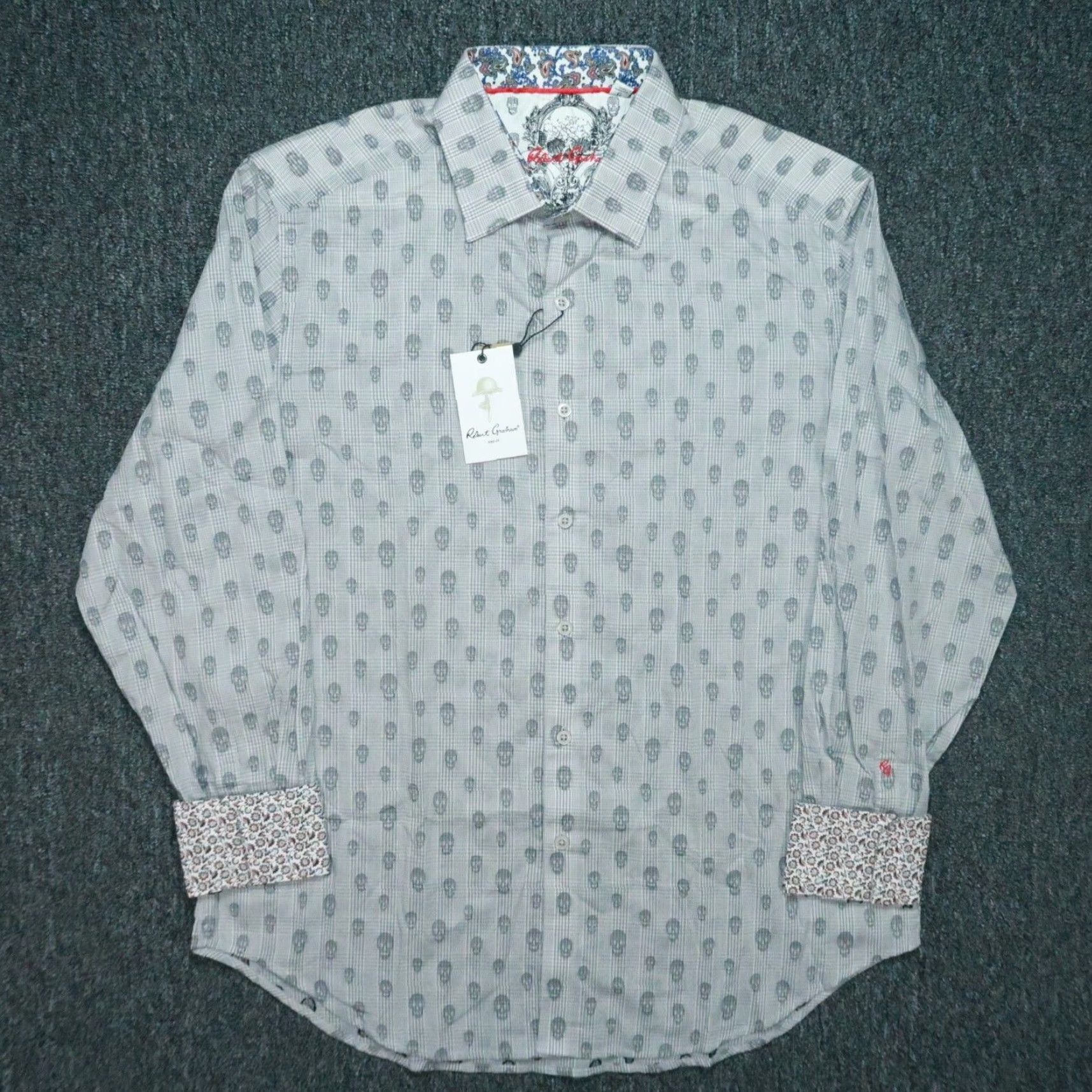 Robert Graham Robert Graham Shirt Mens Large Gray Kinderhook Skull Print Flip Cuff Classic Fit Size US L / EU 52-54 / 3 - 2 Thumbnail