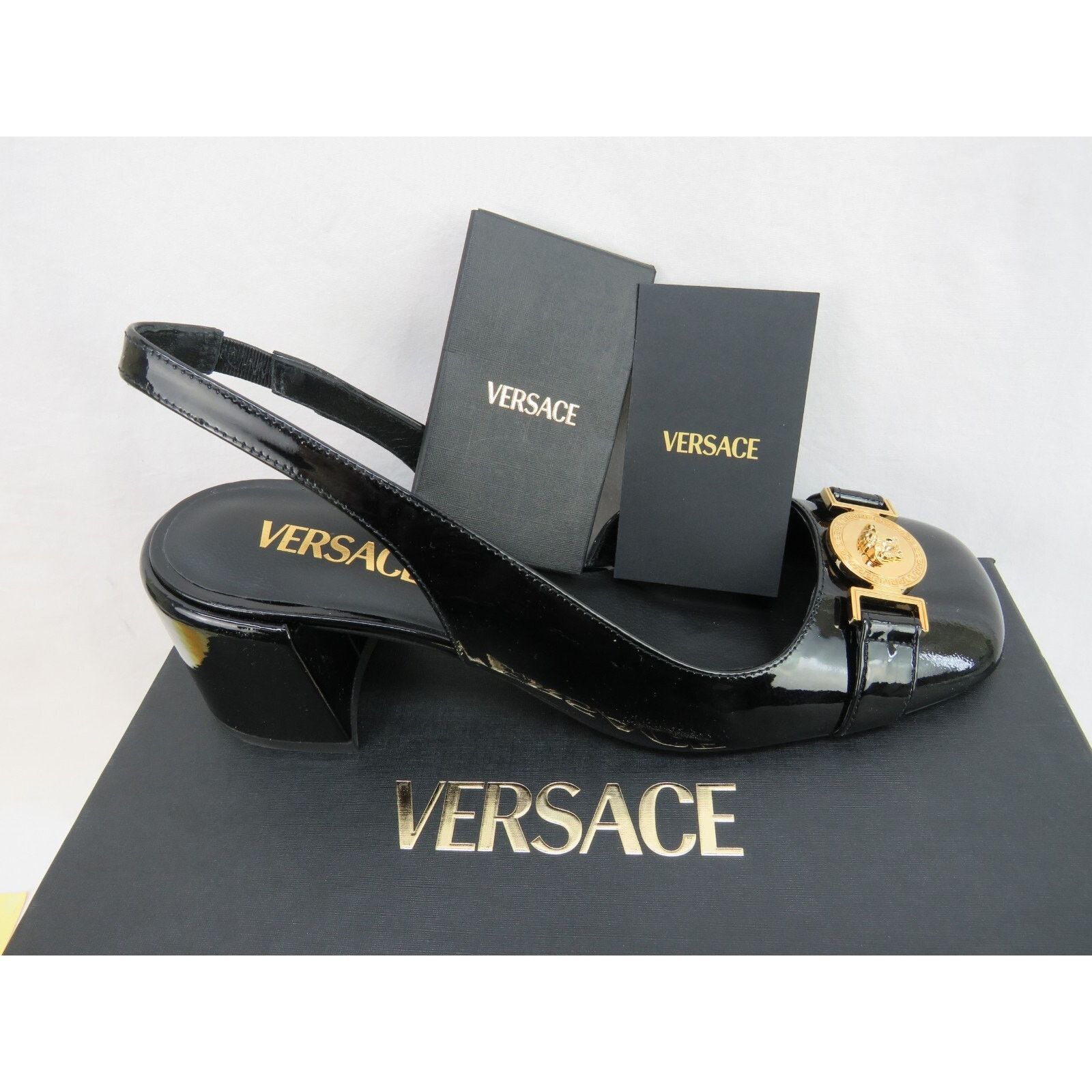Versace VERSACE BLACK PATENT LEATHER MEDUSA SANDAL LOW HEEL PUMPS 39 Size US 9 / IT 39 - 11 Thumbnail