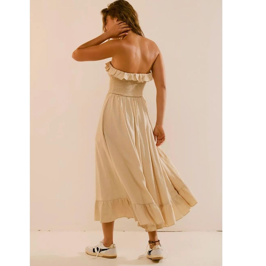 Free People New Lush Life Linen Strapless Midi Dress $98 LARGE Sand Size L / US 10 / IT 46 - 3 Thumbnail