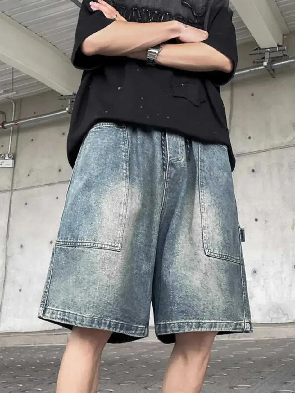 Straight large pocket retro loose denim shorts