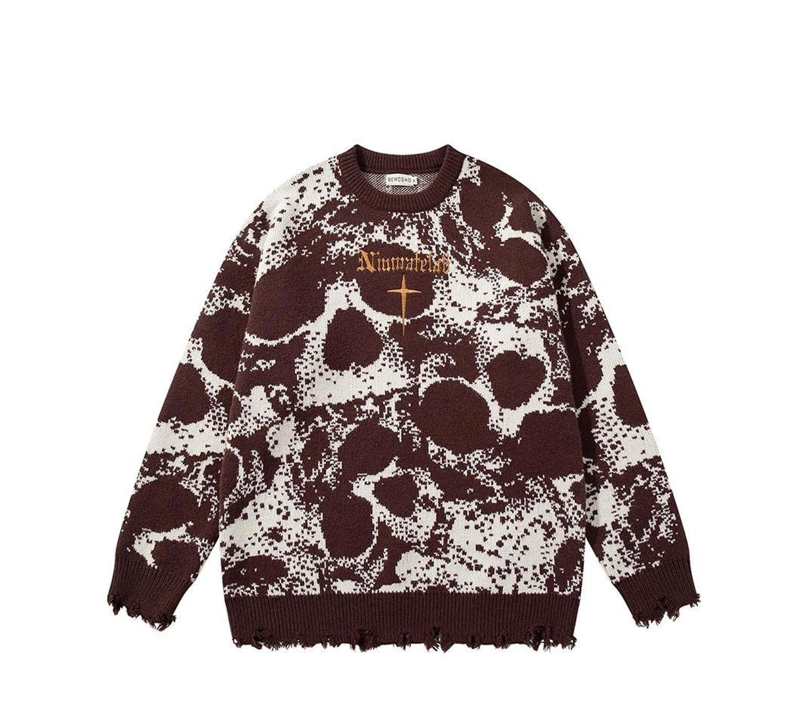 Japanese Brand Cross Brown White Distressed Crew Neck Sweater Size US M / EU 48-50 / 2 - 1 Thumbnail