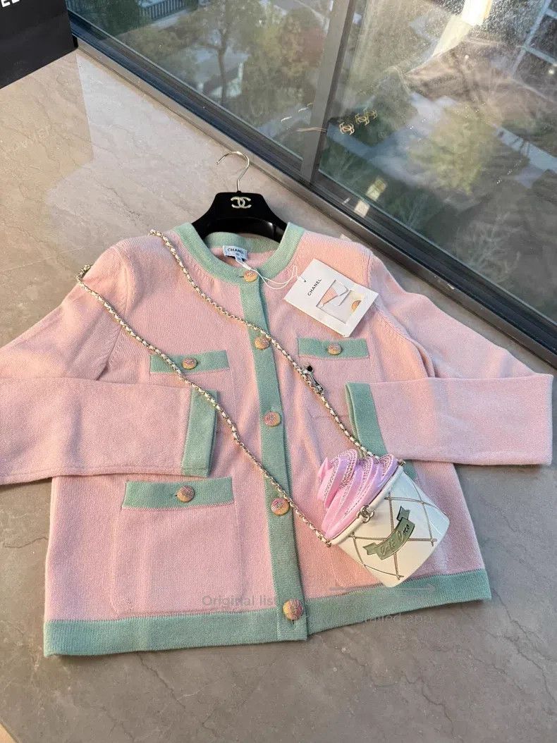 Chanel 24c pink green 100% cashmere cardigan coat
