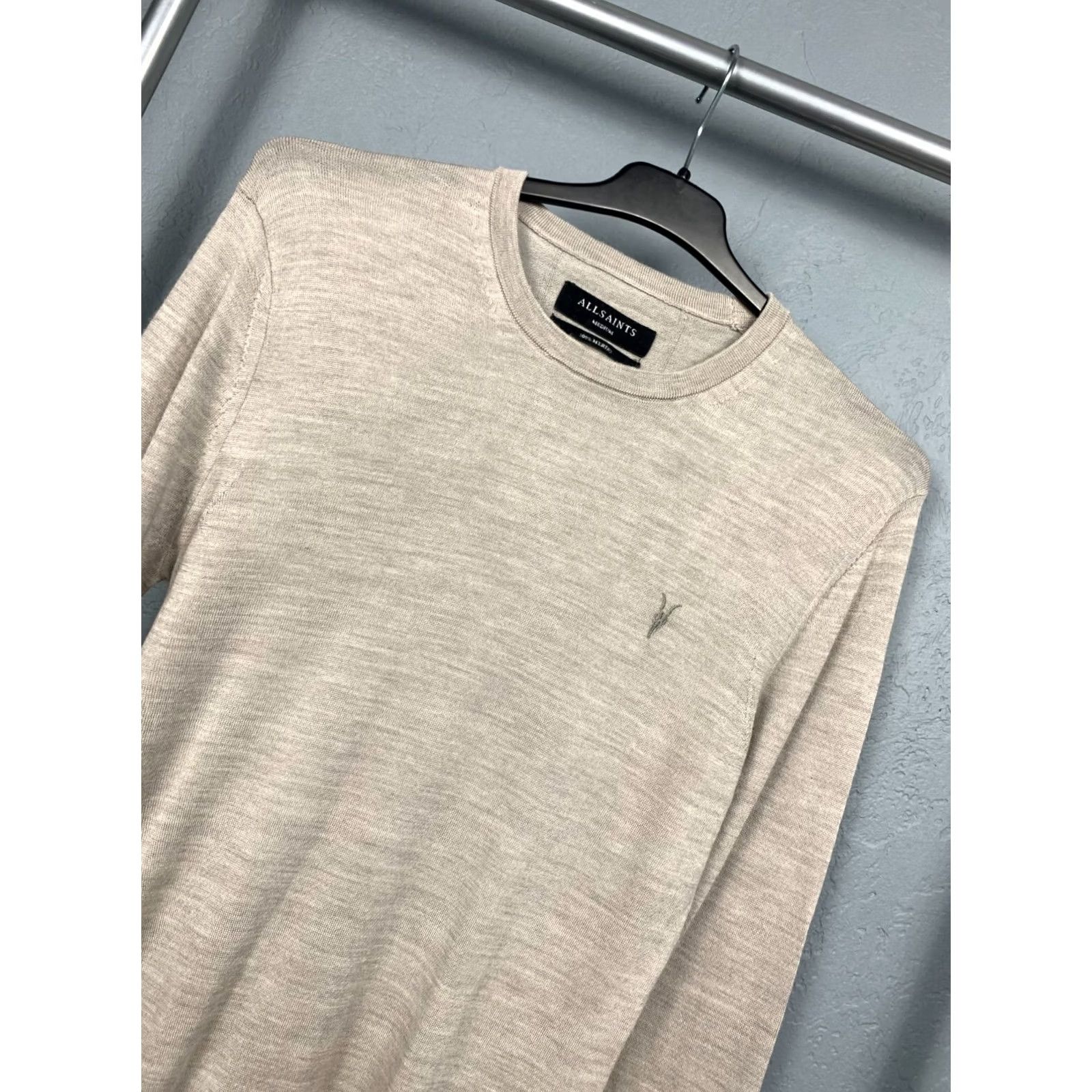 Allsaints AllSaints Mens Mode Merino Wool Knit Sweater M Beige Crew Neck Pullover Wool Lightweighst All Seasons Mens Size US M / EU 48-50 / 2 - 2 Thumbnail