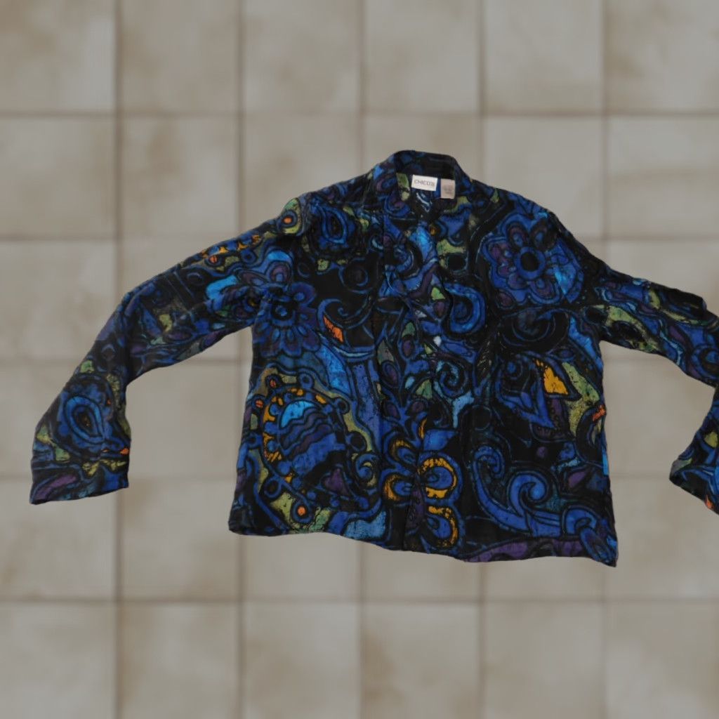 Vintage Chicos Blouse Shirt Womens 0 Blue Geometric Rayon Open Crew Neck Long Sleeve Open Casual Regular Vintage No Size XS / US 0-2 / IT 36-38 - 1 Thumbnail
