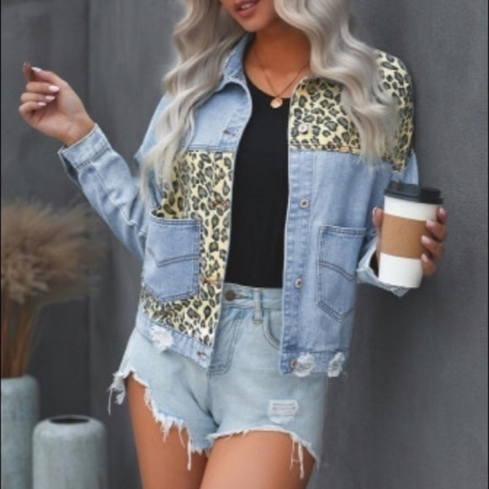 Designer Leopard Denim Jacket Distressed Jean And Cheetah Patch NWT Size S / US 4 / IT 40 - 1 Thumbnail